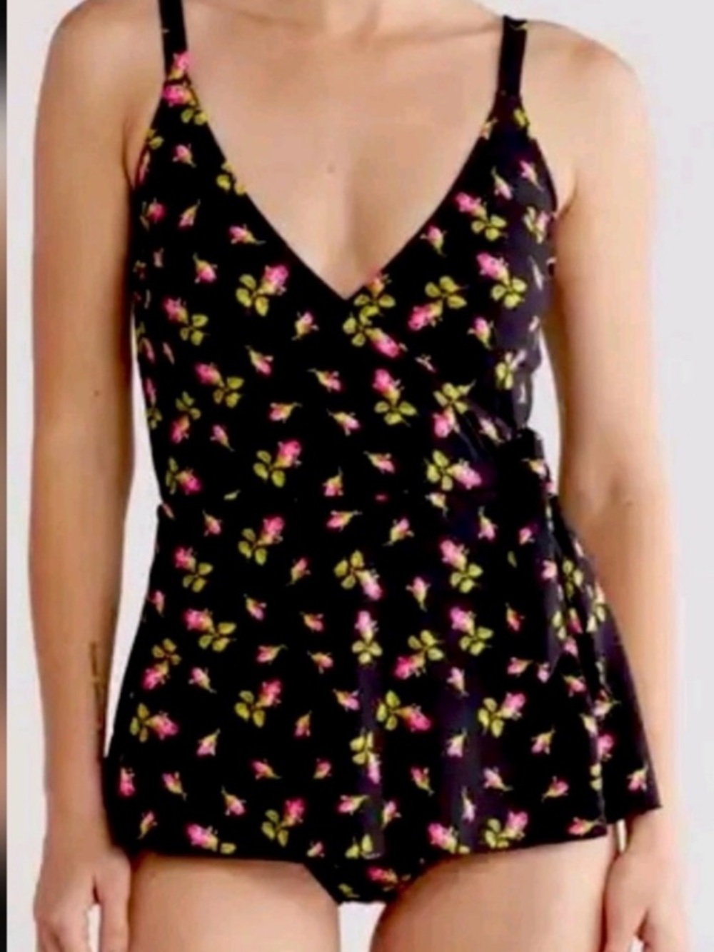 Betsey Johnson Black One-Piece Swimdress with Pink Rose Print